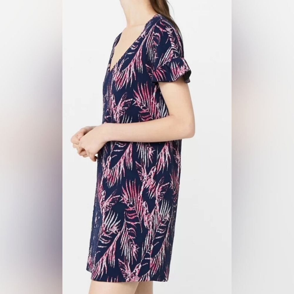 Mango MNG Basics Shift Dress Women Size Extra Small XS Palm Print Flutter Sleeve